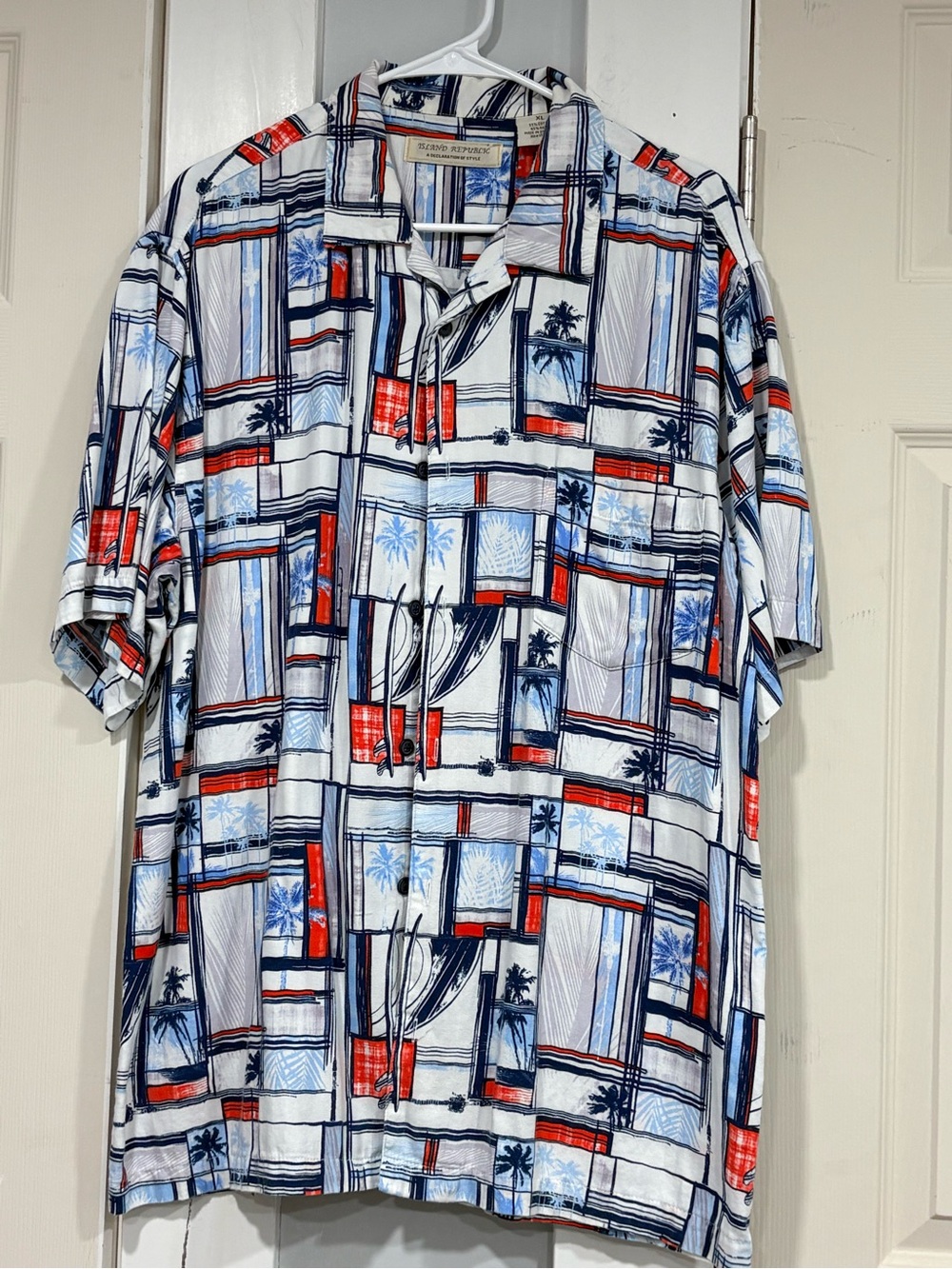 Island Republic White Blue Red Geometric Palm Camp Shirt